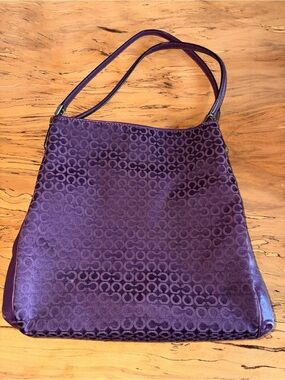 COACH Phoebe Canvas and Leather Purple Shoulder Bag with Jacquard Pattern